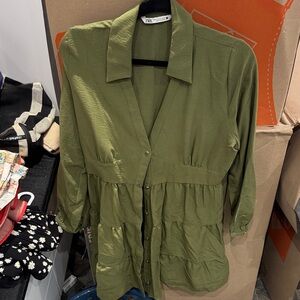 Zara Khaki Green Tiered Button-Up Dress